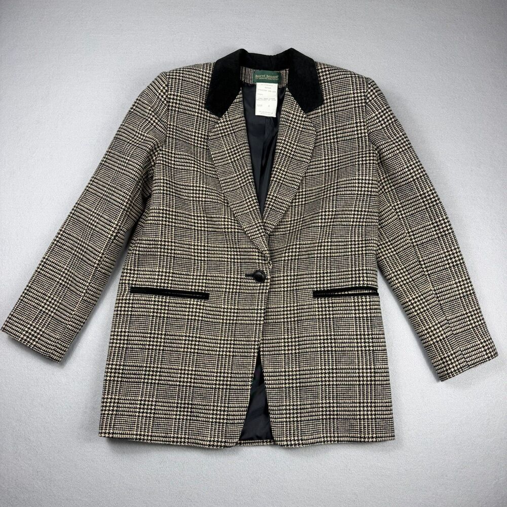 Vintage Harvé Benard 100% Wool Plaid Blazer Jacket Women's Size 4 Black Velvet